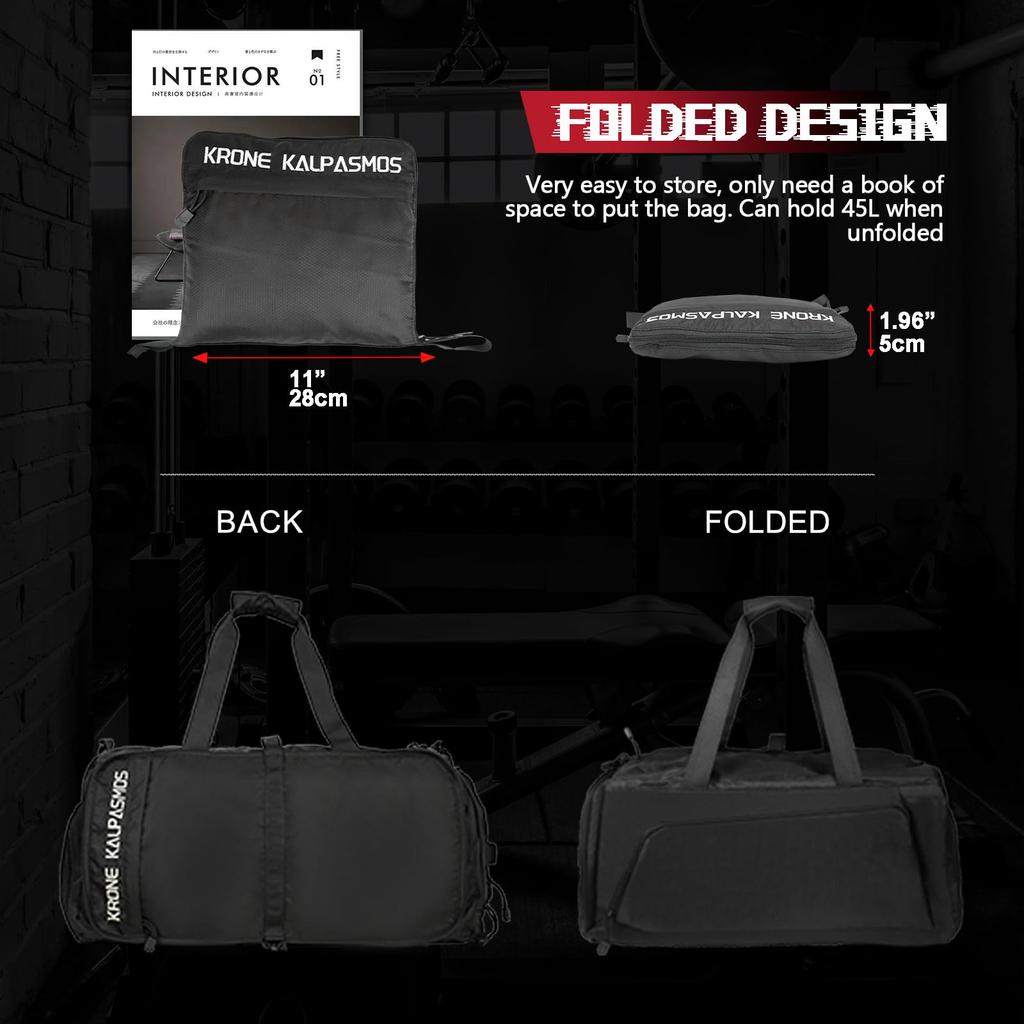 Krone Kalpasmos Foldable Gym Bag for Men, Waterproof, with Shoe Compartment, Small Boston Bag for Travel, Gym, Fishing, and Pool (Black)