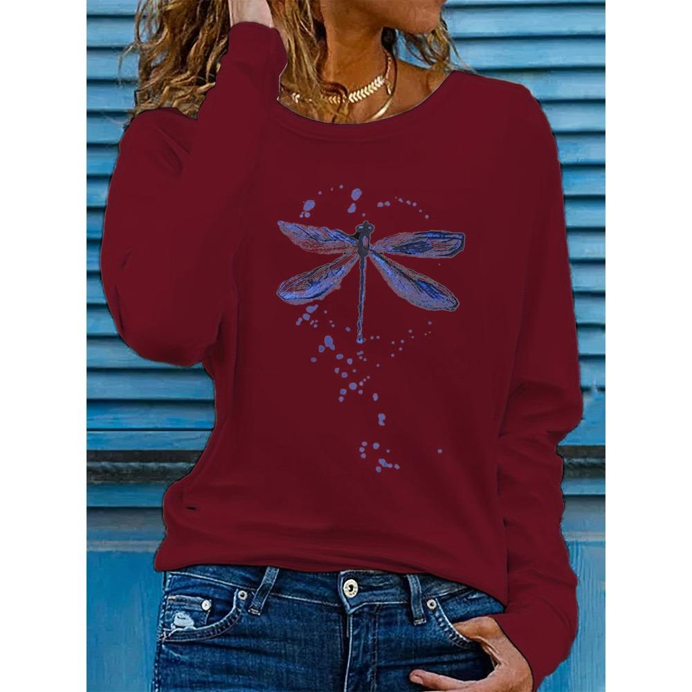 Spring and Autumn women's fashionable casual loose dragonfly print round neck long sleeved T-shirt base shirt