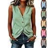 Camiseta sin mangas de verano para mujer con cuello en V, botones al frente, a rayas casual con bolsillo, blusa de corte relajado para uso diario