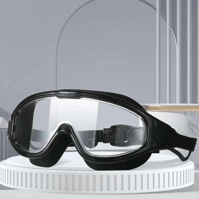Big Frame Swimming Goggles Adults with Earplugs Swim Eyeglasses Men and Women Professional HD Anti-fog Goggles Silicone Eyewear