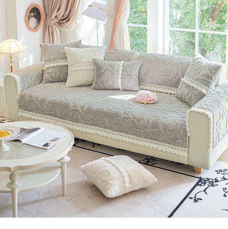 French Short Plush Jacquard Sofa Mat Thickened Winter Anti Slip Lace Edge Sofa Towel Living Room Seats Sofas Covers Pillowcases