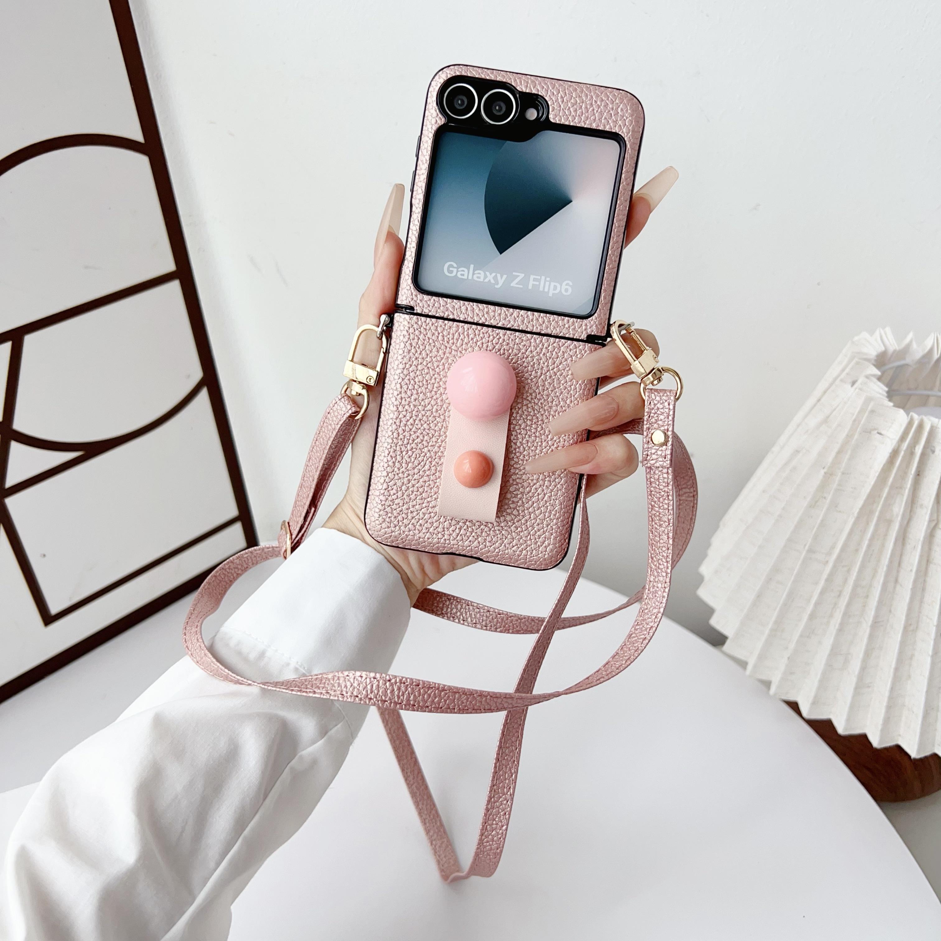 

Кожаный чехол-подставка для кольца на палец, 3 шт., складной чехол для Samsung Galaxy Z Flip6 Flip5 Flip4 Flip3, ремешок на плечо, противоударный матовый тонкий чехол для телефона Samsung Z Flip6 розовый