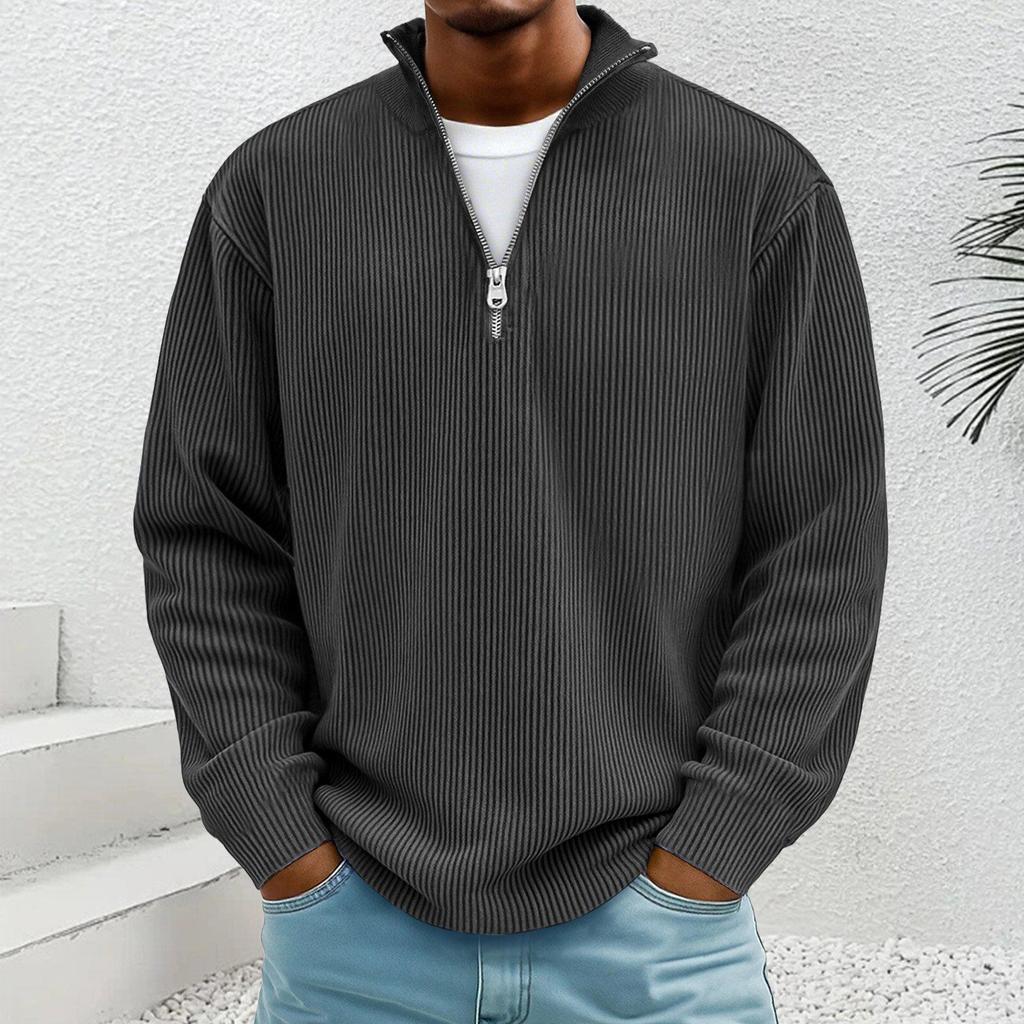 Men's 2025 European Autumn Corduroy Pullover Hoodie with Stand Collar and Zipper, Long Sleeve.