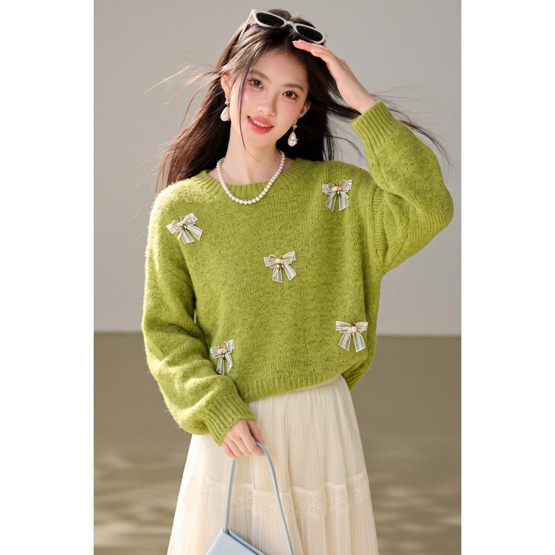 2026 Autumn Women's Versatile Round Neck Bow Knit Sweater with Long Sleeves