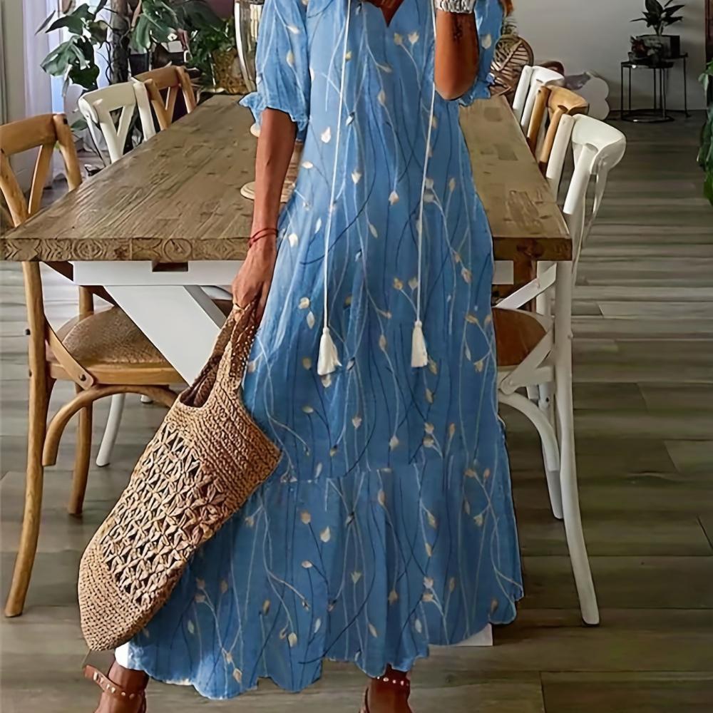 Summer Women V-neck Short Sleeved Long Dress Elegant Flower Printed Women's Loose Dress Bohemian Style Women's Clothing