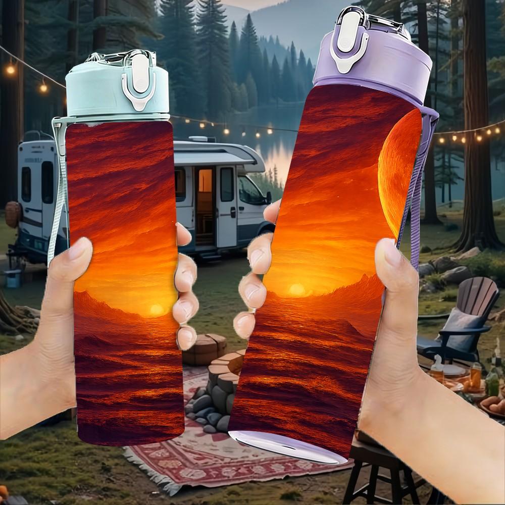 1PC Sunset Planet Cosmic Landscape Print 750ml Color Plastic Sports Water Bottle Leakproof Flip Straw Lid Suitable for Sports Office Home Use