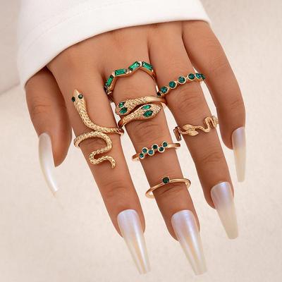 7PCS Exaggerate Personality Serpentine Zinc Alloy Rings Set Jewelry for Women Snake Skin Inlay Rhinestone Finger Rings