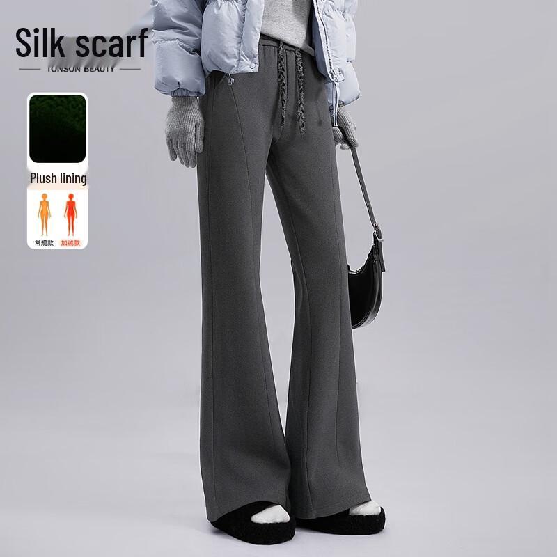 Sibaishe Women s Fleece-Lined Elastic Waist Slim Micro-Flare Casual Pants M