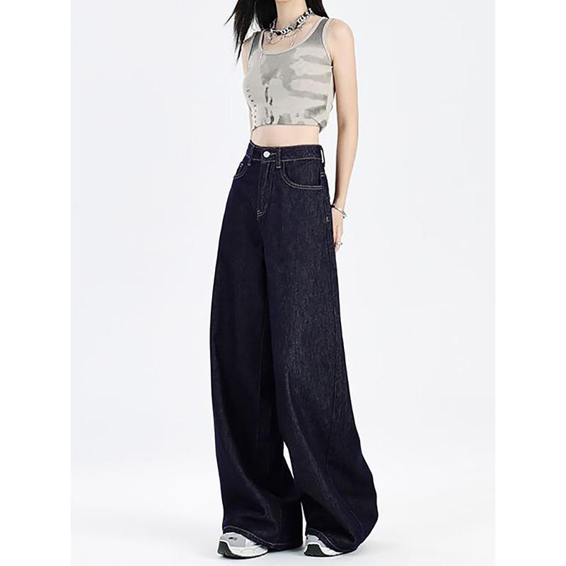 Spring and Autumn American Dark Blue Jeans Women's New Small High Waist and Thin Straight Loose Wide-leg Pants