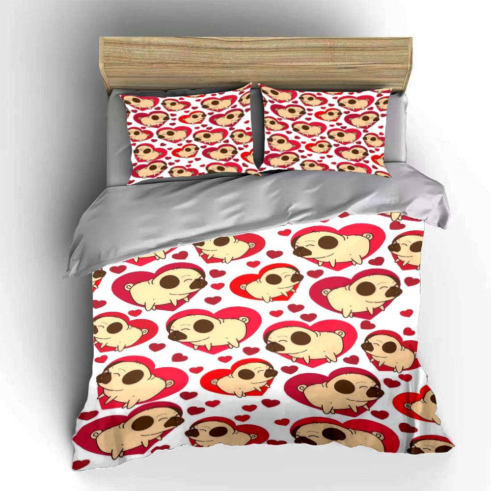 "Cartoon Pug Love Three-Piece Set" Bedding Set with 1 Duvet Cover 2 Pillowcases Single Double King Queen, Gift