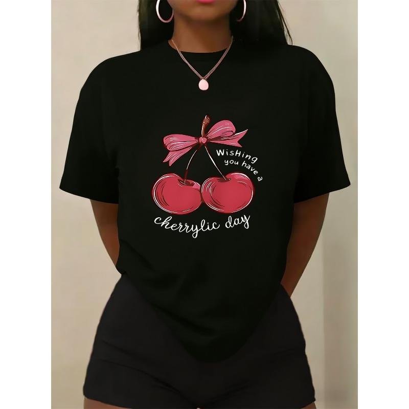 Printed Casual Crew Neck Short Sleeved Summer T-Shirt | Women'S Comfortable Loose Fit, Versatile All-Season Top with Cherry Pattern