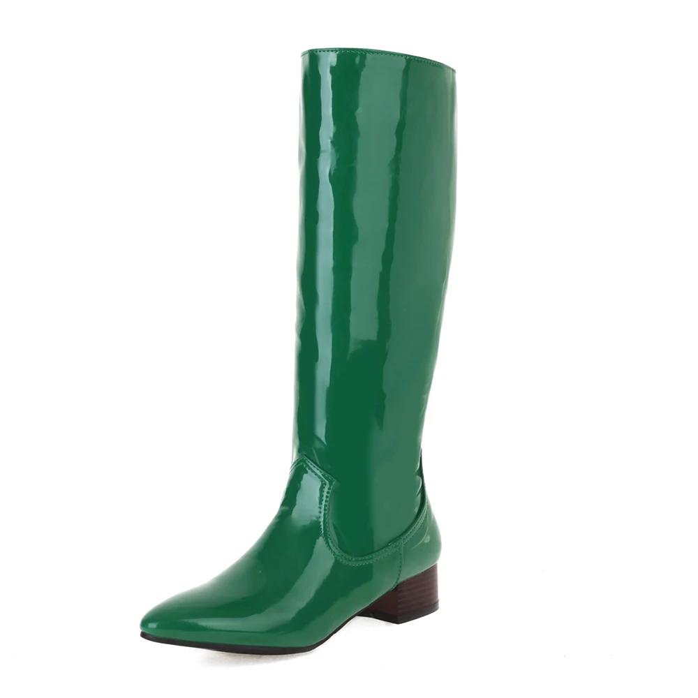 Fashion Autumn Winter Woman Boots Square Heel Knee-High Pointed Toe Patent Leather Boots Comfortable Low Heel Party Dress Dance Shoes