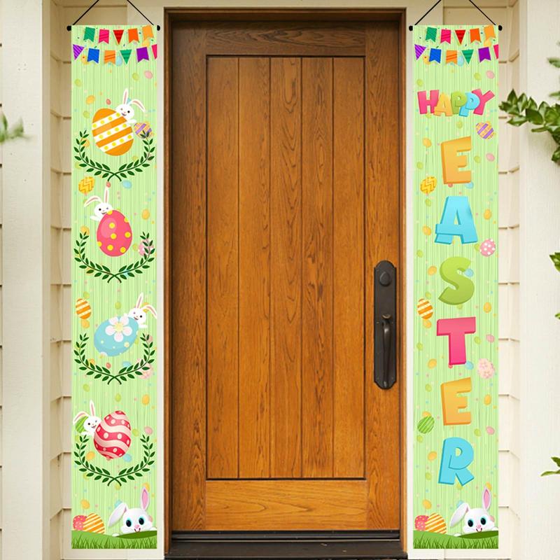 Happy Easter Porch Sign Banner Indoor Door Banner Easter Bunny Eggs Front Door Banner Easter Bunny Decoration For Indoor And