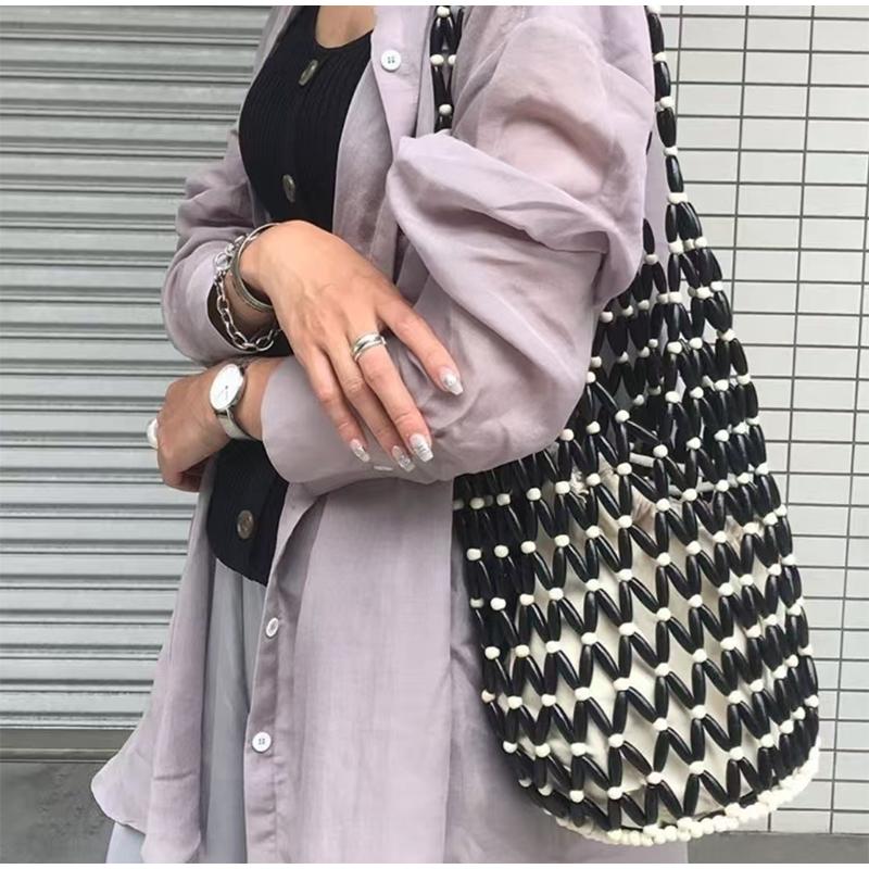 Summer Handmade Beaded Shoulder Bag Hollow-out Wooden Bead Tote French Hand-held Woven Bag Bucket Bag Reticulate Netted Handbags