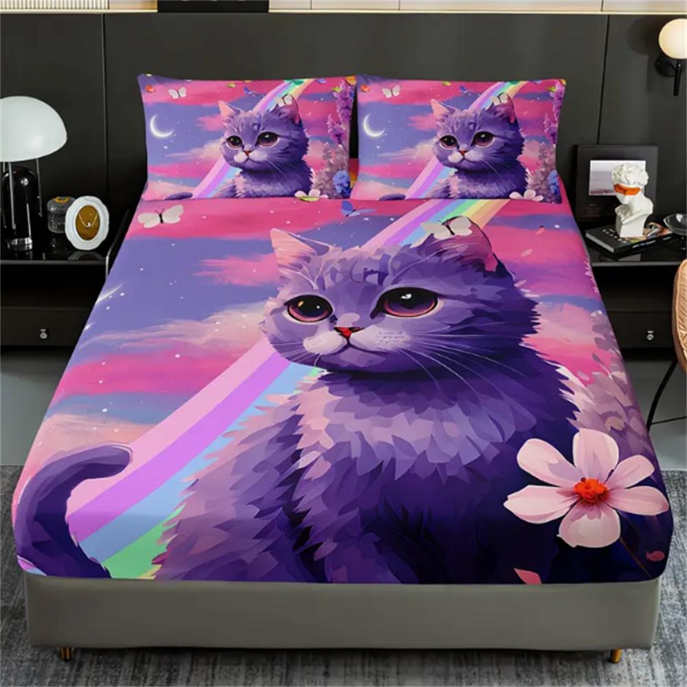 3pcs 100% Polyester Cute Cartoon Cat Print Fitted Sheet Set Bedroom Decoration, Purple Floral Starry Sky Pattern Bedding Set