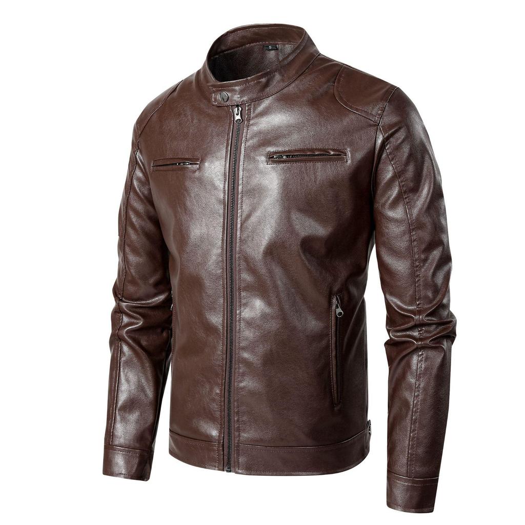 Leather Jacket Men's Stand Collar Trend Spring and Autumn New Leather Jacket Handsome Motorcycle Suit Green Large Size Jacket
