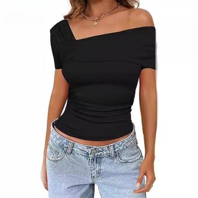 Damen Ein Schulter Kurzarm Kurztop Rüschenseite Slim Einfarbig Aus Kurz T-Shirt