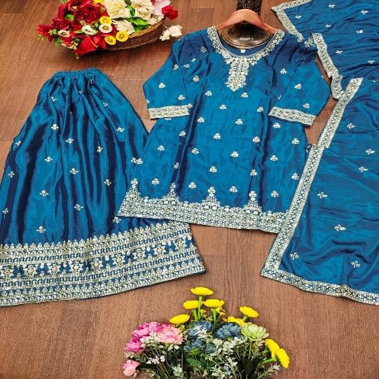 Elegant Silk Embroidered Sharara Set with Dupatta