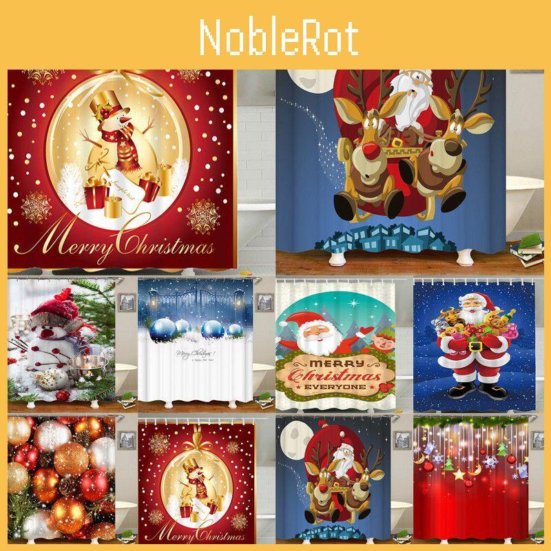 Charming Christmas Shower Curtain With Hooks Showcasing Santa Claus And Snowman For Your Bathroom