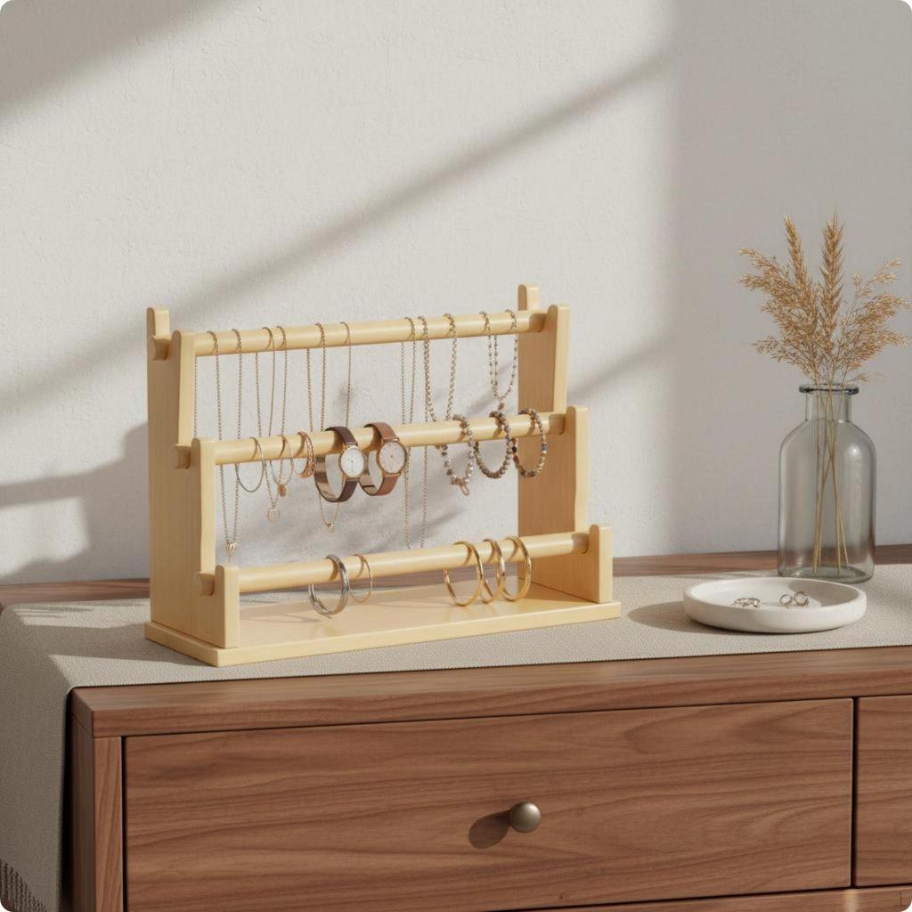 Tiered Bracelet Display Rack Solid Wood Wooden Jewelry Stand 2 Tier Desk Organizer for