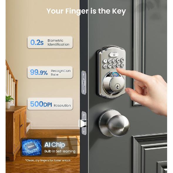 Veise Fingerprint Door Lock, Keyless Entry, Auto Lock, Electronic Keypad Deadbolt for Front Door, Biometric, Anti-Peeking Password, Easy Install,