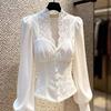 Elegant White Velvet Lace-Trimmed Top for Sophisticated Women - Winter Fashion