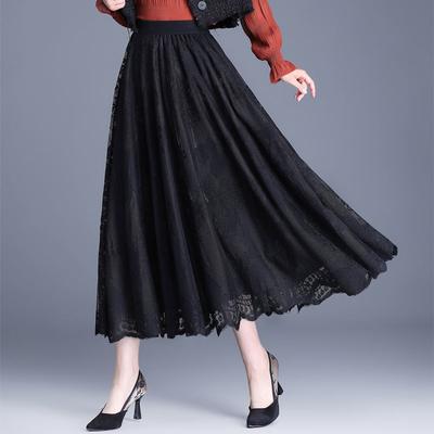 Saia feminina de comprimento médio, saia casual para escritório, saia de renda, vestido longo em linha A, bainha de gaze, saia plissada oca