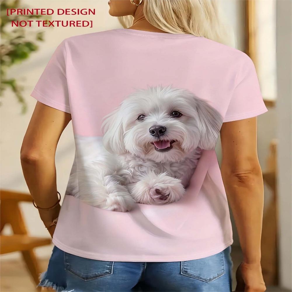 Smiling Little White Dog Printed Short Sleeve T-Shirt, Women'S Fashion Top, Women'S Summer Round Neck T-Shirt