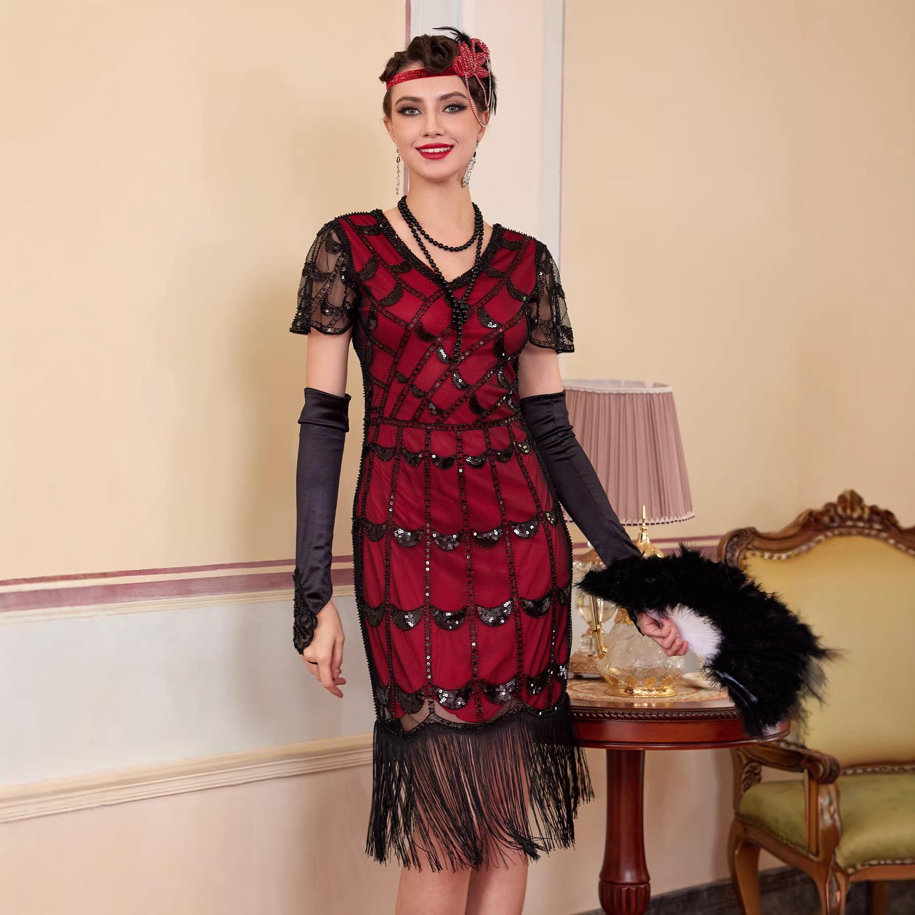 

Large Size 1920 Vintage Sequin Dress Handmade Beaded Tassel Dress Gatsby Dress XL червоний
