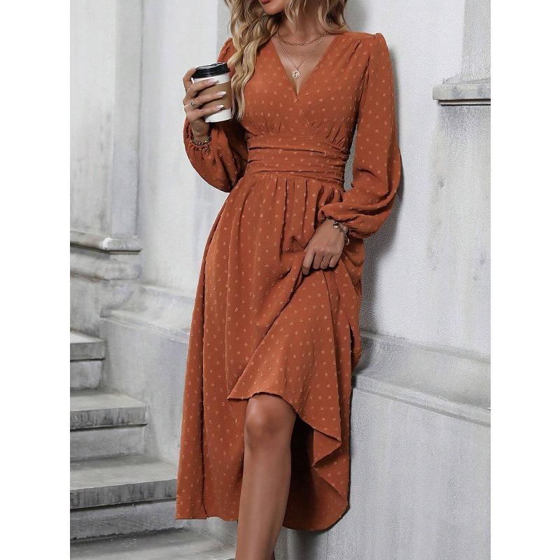 JPNTKY Fashion Spring Autumn Solid Color Print Long Sleeve V-Neck Casual Dresses