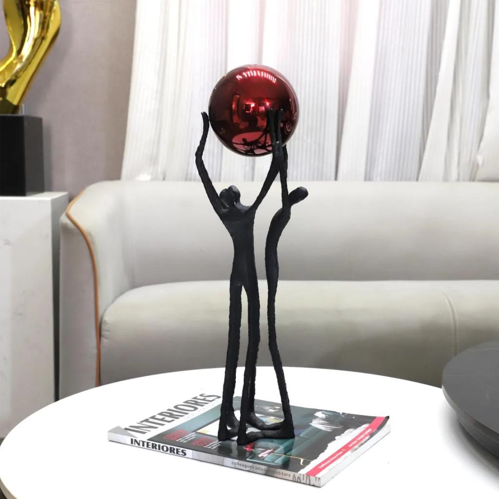 Creative Black Cast Iron Figure Sculpture, Holding a Silver Ball, Desktop Decoration Ornaments, Metal Crafts, Home Decoration