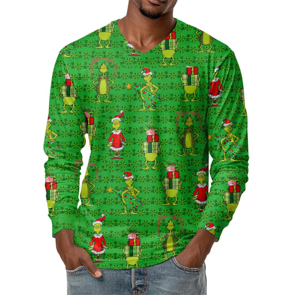 Мужская модная футболка с принтом, V-образным вырезом, повседневная, с длинным рукавом, для ношения под низ, топ