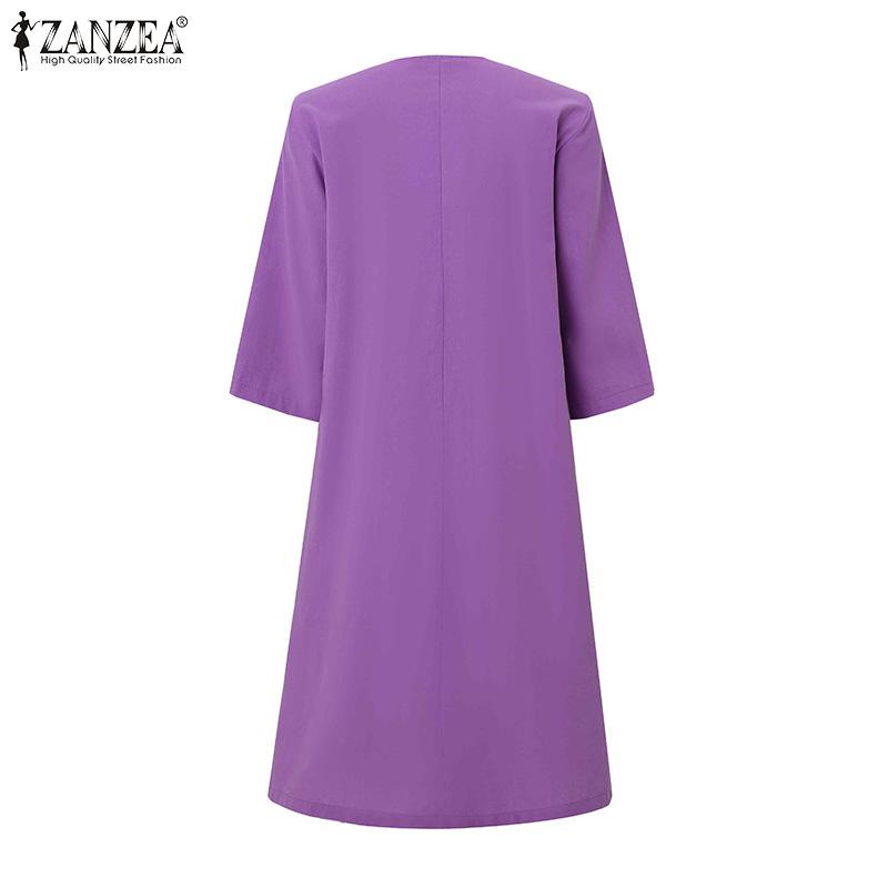 ZANZEA Women Casual Round Neck Loose Summer 3/4 Sleeve Cotton Dress