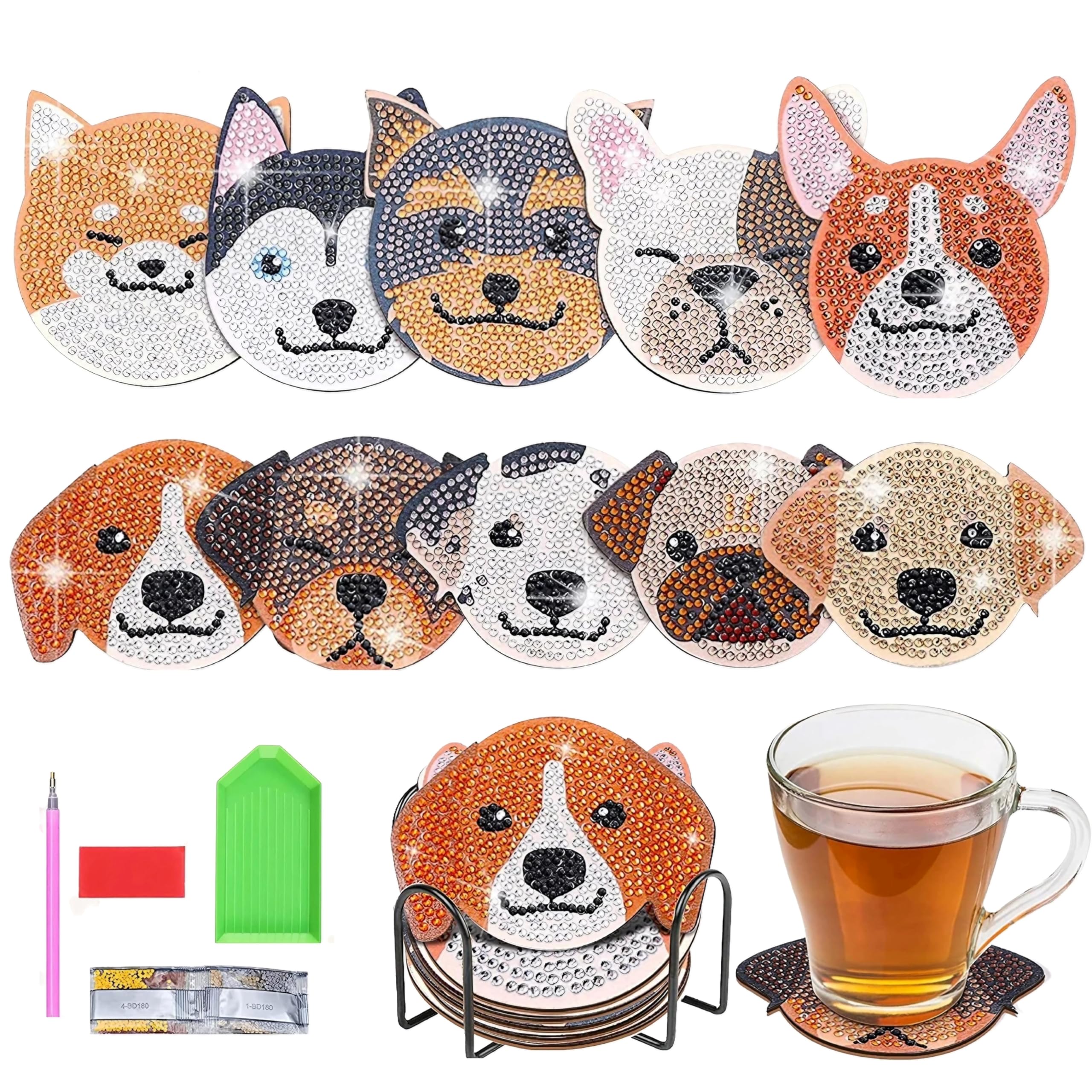 

East Leaf Diamond Art Bead Art Coaster Kit, DIY Beginner s, with Holder (Dog, 10-Piece Set)