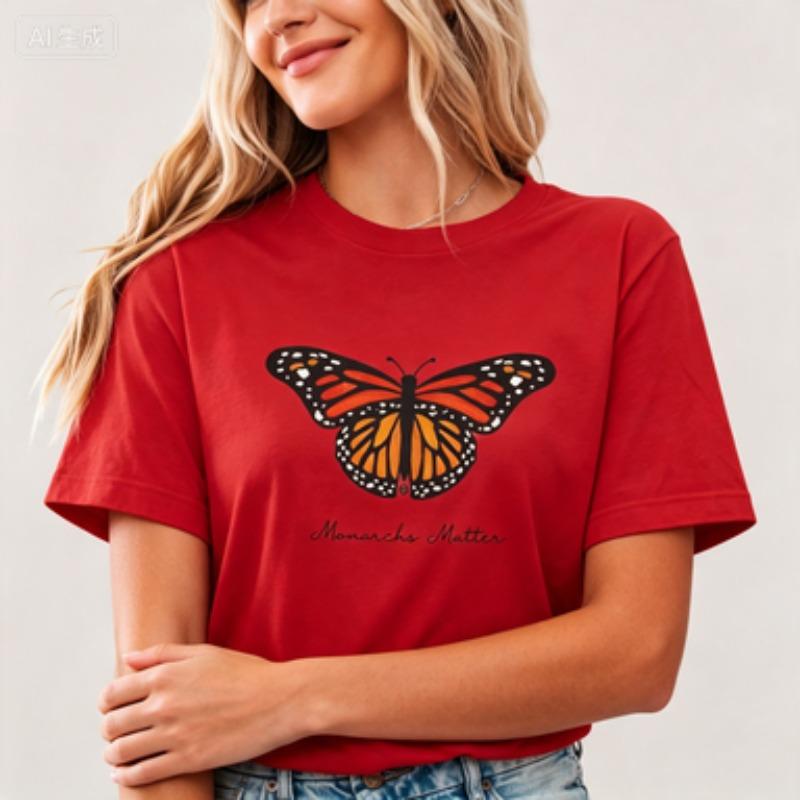 Wildlife Lover Unisex Cotton Tshirt Hand Drawn Monarch Butterfly Print Letter Nature Casual Daily Short Sleeve Tees