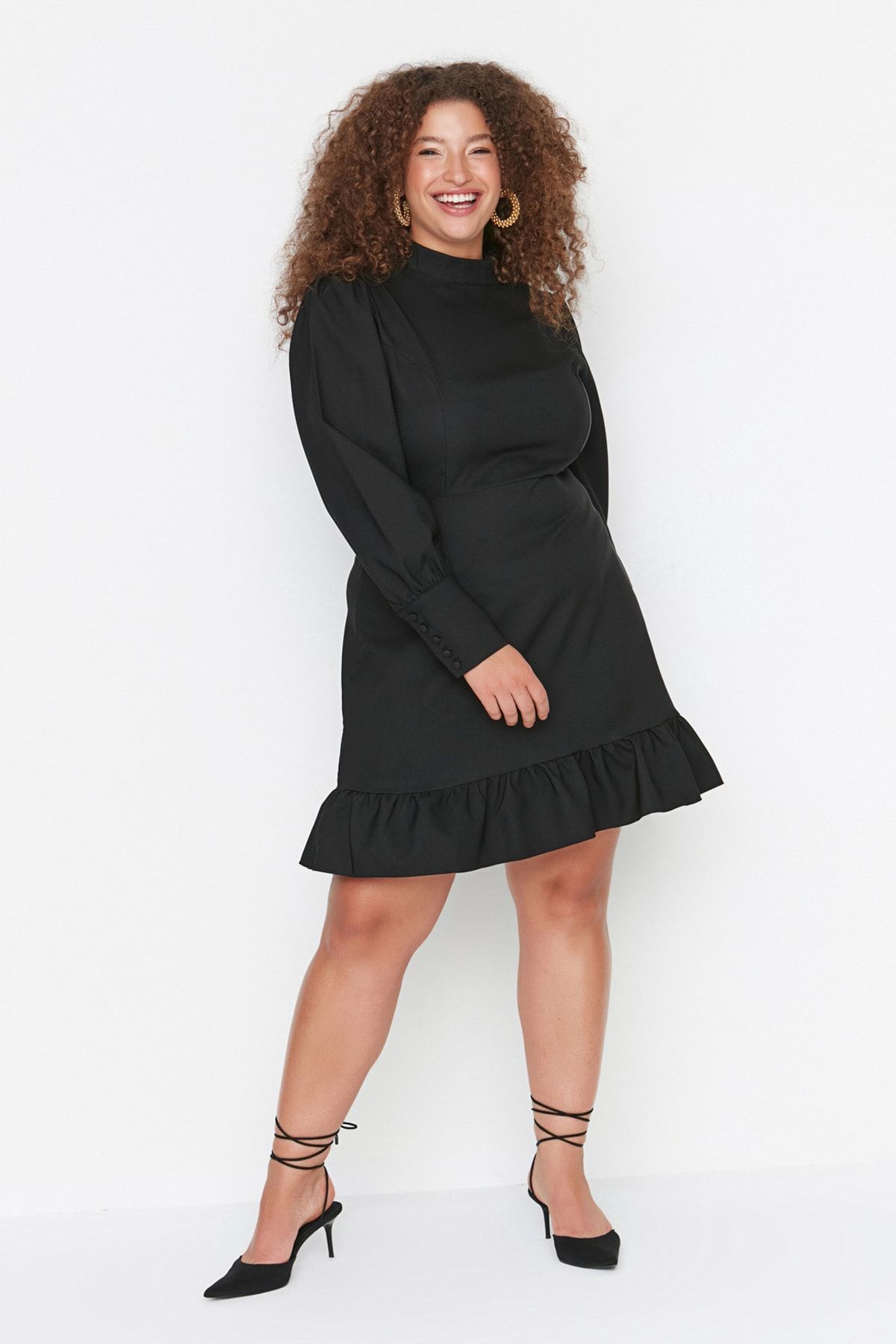 

Women s Plus Size Dress Black High Collar Skirt Ruffle Woven Dress 2XL