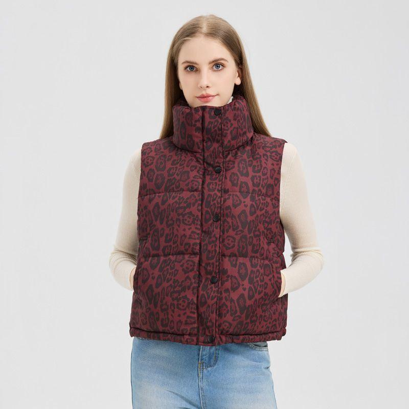 Mode Leopardenmuster Kurze Weste Stehkragen Warm Ärmellose Jacke Damen Oberbekleidung Herbst Winter
