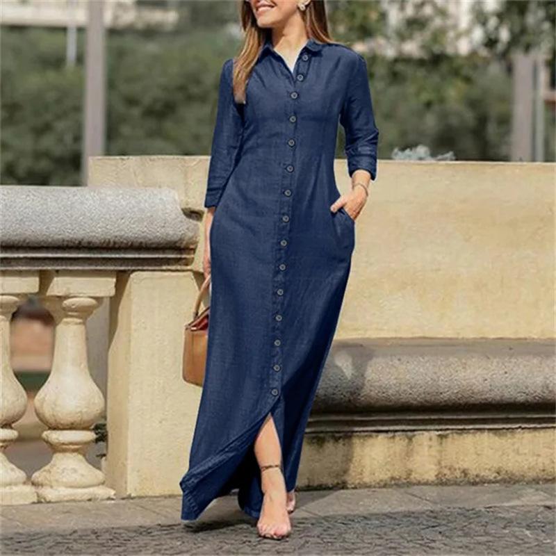 Women's Turn Down Collar Long Sleeve Button Front Pocket Linen Denim Maxi Dress Casual Plus Size Shirt Dress