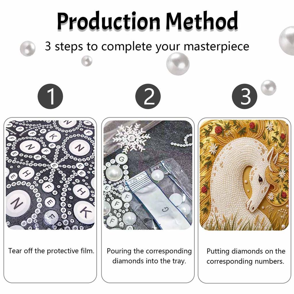Relaxing DIY Pearl Painting Kit Framed with Elegant White Horse Design 5D Sparkling Bead Canvas Art Craft for Girls Bedroom Decor Gift