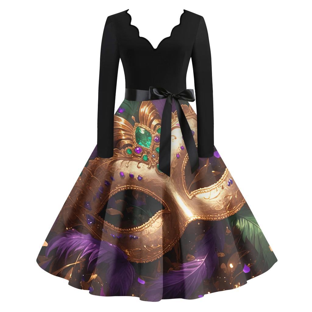 Women's Casual Fashion V Neck Long Sleeve Printed Vintage Long Dress