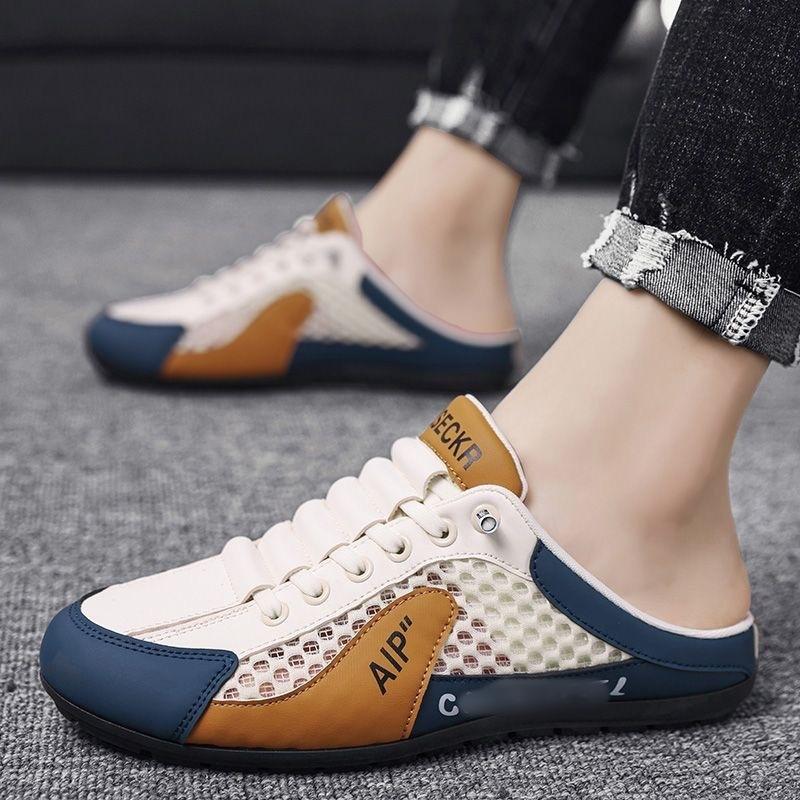Men's half slippers outer wear summer mesh hollow men's heel-less one pedal outdoor lazy shoes breathable men's shoes