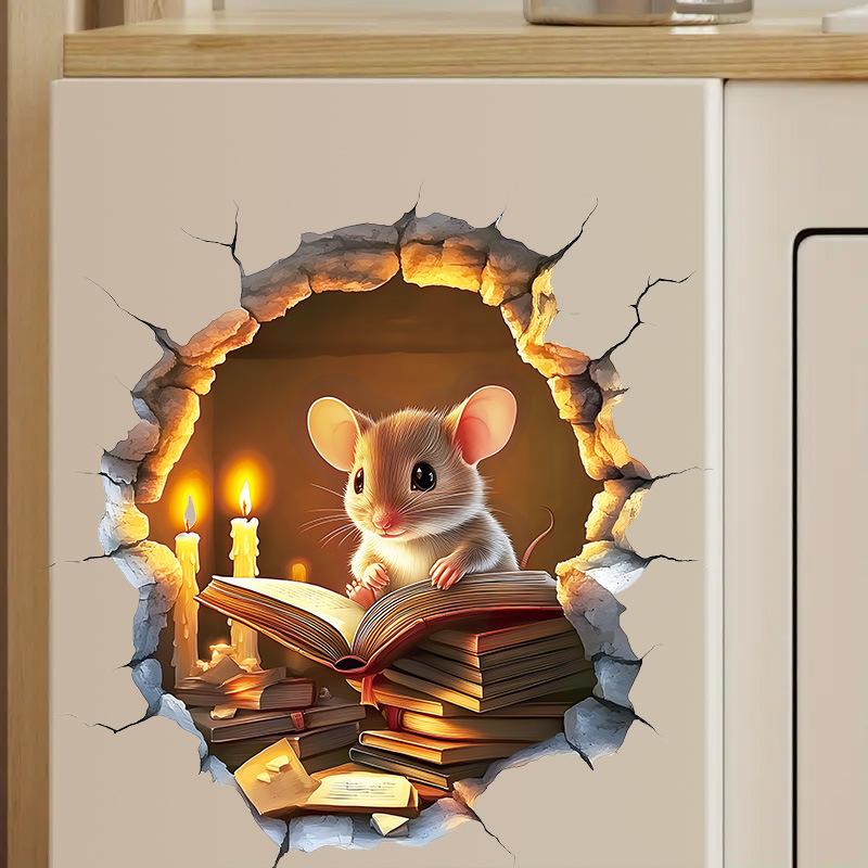 Cozy Cartoon Mouse Reading Book by Candlelight At Mouse Hole Toilet Wall Sticker Self-Adhesive Bathroom Home Decor Art Wholesale