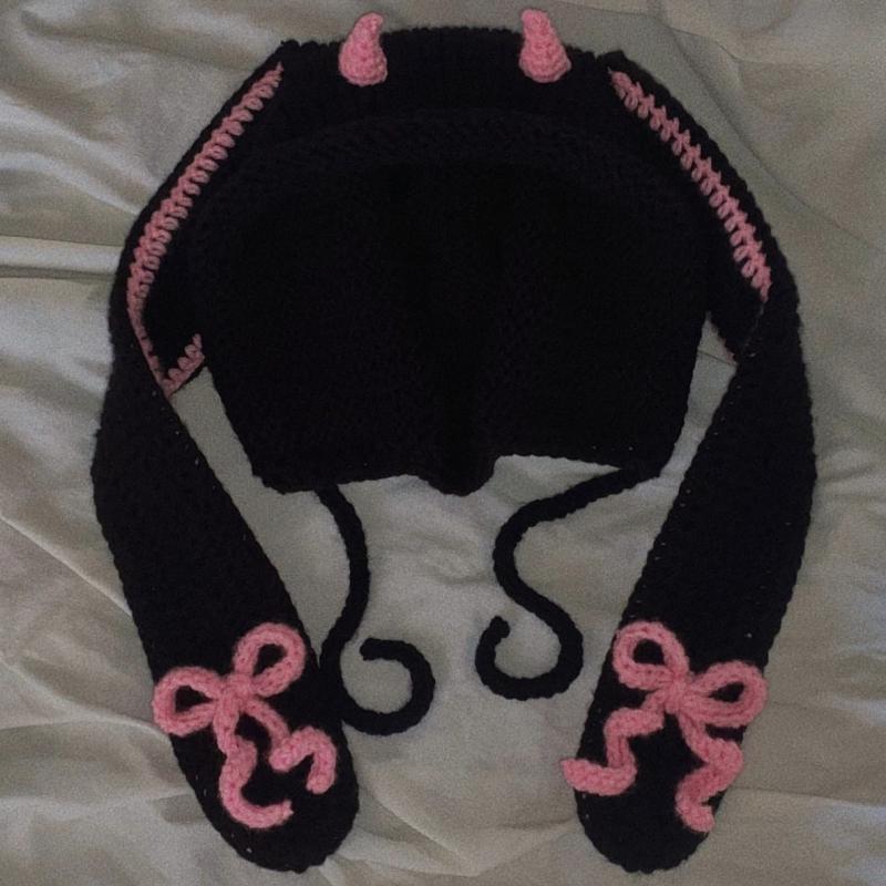 New Handmade Crocheted Solid Color Lace Horn Hat for Adults Funny Fashion Lace Pullover Hat