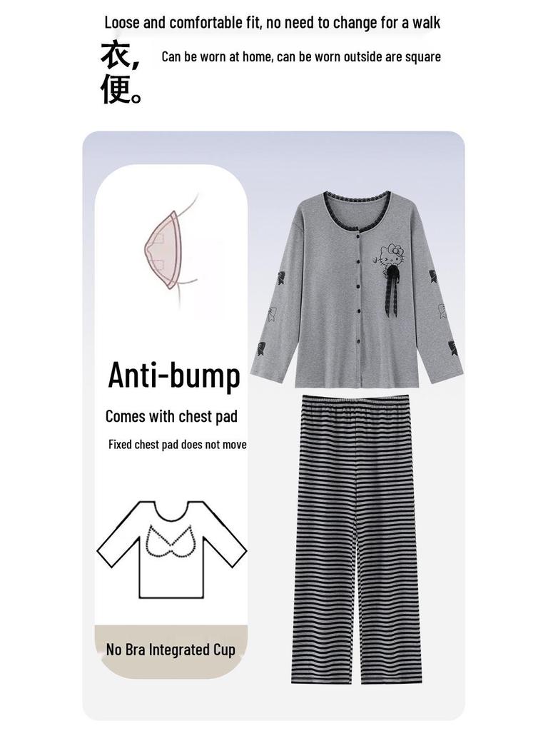 Women's Long-Sleeve One-Piece Pajamas with Built-in Bra Pad, Wearable Outside, Cute Round Neck Home Wear Set for Spring and Autumn