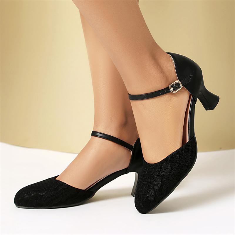 Women's Medium Heels D'Orsay Shoes Summer 2025 Fashion Lace Strap Black Red Short Heeled Party Wedding Shoes Female Big Size 48