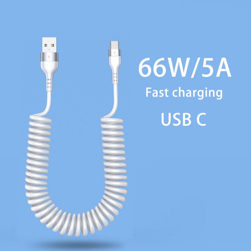 Car USB Type C/Type C to Type C/USB LIGHTNING Fast Charging Spring Telescopic Cable For iPhone 16 15 14 Samsung Xiaomi OnePlus