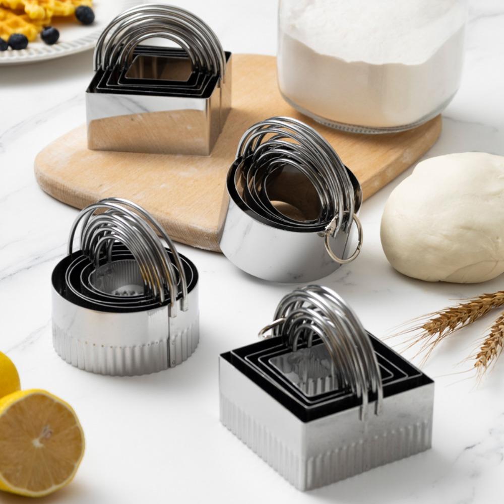 5pcs 5 Sizes Stainless Steel Cookie Cutter Set Square/Round Sandwich Mold Biscuit Mold  Scone