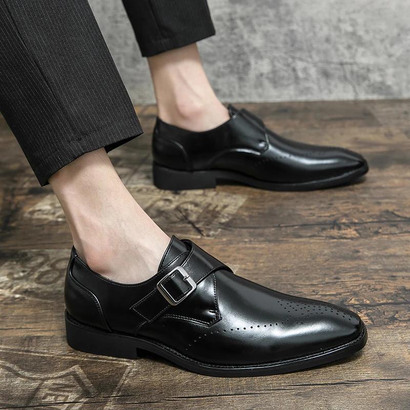 Fashion Dress Leather Shoes Men Business Oxford Shoes Fashion Carved England Buckle Formal Mengke Shoe Pointed Office Wedding Men Shoe