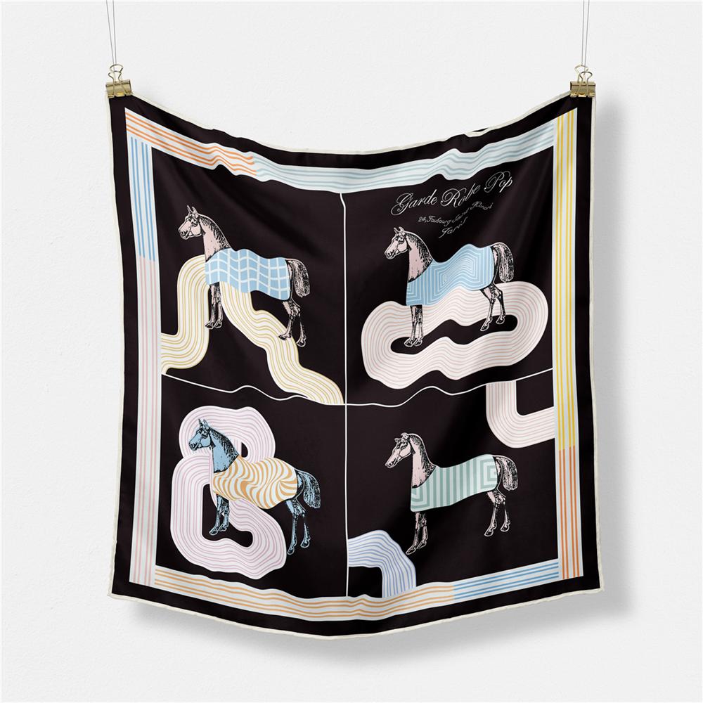 Twill Silk Scarf Woman Tassel Horse Print Square Scarves Wraps Bandana Small Hijab Silk Foulards Lady Tie Headband Neckerchief