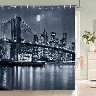 Rideau de Douche Paysage Nocturne de New York Ville Pont Bâtiment Rideaux de Bain 3D Rétro Noir Blanc Photo Décorations de Salle de Bain Rideau